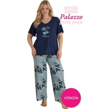 Seamlife Kadın Lacivert Büyük Beden Çiçek Desenli Düğmesiz Viskon Kısa Kol Oversize Üst Palazzo Geniş Paça Homewear Pijama Takımı