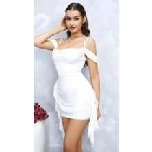 Luord - Store Luna Lora White Aura Özel Tasarım Omuz Detaylı Şık Beyaz Fantezi Mini Club Elbisesi