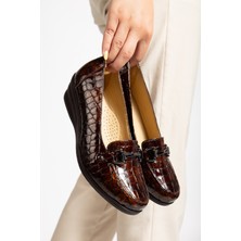 Akgün Terlik Kadın Hakiki Deri Kahve Kroko Rugan Ayakkabı