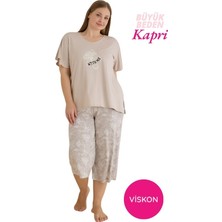 Bie's Kadın Bej Büyük Beden Çiçek Desenli Düğmesiz Viskon Kısa Kol Geniş Paça Kapri Pijama Takımı-Geniş Beden Aralığı Büyük Kalıp