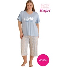 Seamlife Kadın Büyük Beden Mavi Yaprak Desenli Düğmesiz Viskon Kısa Kol Geniş Paça Kapri Pijama Takımı-Geniş Beden Aralığı Büyük Kalıp