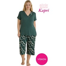 Seamlife Kadın Koyu Yeşil Büyük Beden Desenli Düğmesiz Viskon Kısa Kol Geniş Paça Kapri Pijama Takımı-Geniş Beden Aralığı Büyük Kalıp
