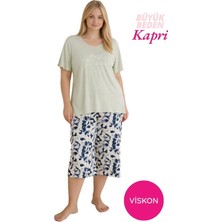 Seamlife Kadın Yeşil Büyük Beden Desenli Düğmesiz Viskon Kısa Kol Geniş Paça Kapri Pijama Takımı-Geniş Beden Aralığı Büyük Kalıp