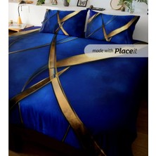 Angels Home Özel Tasarım Marka Çift Kişilik Battal Boy Nevresim Takımı 6 Parça Ranforce Satenli Altın Mavi Lüx Desen