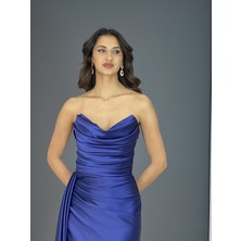 Gökkuşağı Moda Lacivert Saten Straplez Ön Drapeli Göbeği Kamufle Eden Uzun Abiye Elbise