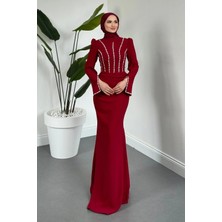 Merven Akyüz Shabira Taşlı Krep Balık Abiye Bordo