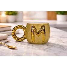 Gelincik Harfli Kupa M Harfi Seramik Desenli Altın Renkli Kahve Çay Çorba Bardağı Kupası
