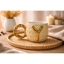 Gelincik Harfli Kupa Y Harfi Seramik Desenli Altın Renkli Kahve Çay Çorba Bardağı Kupası