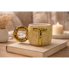 Gelincik Harfli Kupa T Harfi Seramik Desenli Altın Renkli Kahve Çay Çorba Bardağı Kupası