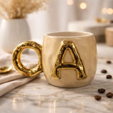Gelincik Harfli Kupa A Harfi Seramik Desenli Altın Renkli Kahve Çay Çorba Bardağı Kupası