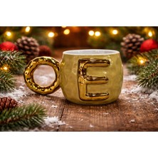 Gelincik Harfli Kupa E Harfi Seramik Desenli Altın Renkli Kahve Çay Çorba Bardağı Kupası