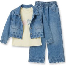 Ecolkız Bayramlık %100 Pamuk Kız Çocuk Kot Takım 3 Parça Ceket Pantolon Üst Love Baskılı Şık Kombin