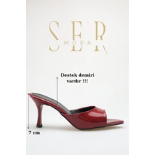 Sermoda Topuklu Kadın Terlik - 7 cm Ince Topuklu Sivri Burun Kadın Terlik Bordo Rugan