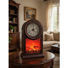 Vadi Antika Dokulu Retro Şömine Efektli Masa Saati - Loş Işık Veren Başucu Gece Lambası