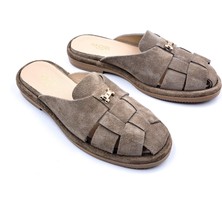 Rachel R40254 Hakiki Süet Deri Bej Renk Burnu Kapalı Kadın Sabo Terlik