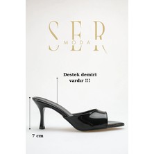 Sermoda Topuklu Kadın Terlik - 7 cm Ince Topuklu Sivri Burun Kadın Terlik Rugan Siyah