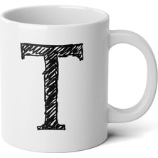 Ivart Kişiye Özel Karakalem T Harfli Baskılı Tasarım Premium Beyaz Porselen Kupa Bardak