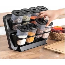 Nacario Turan 8'li Duvara Asmalı Baharatlık Seti - Tezgah Üstü Stantlı, Yapışkanlı ve 360 Derece Döner Kapaklı Plastik Mutfak Baharatlık, Renk