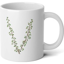 Ivart Kişiye Özel Dal Temalı V Harfi Baskılı Tasarım Premium Beyaz Porselen kupa bardak