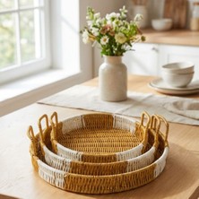 İlk El Grup Ieg™ Buffer® Iç Içe Geçebilen 3’lü Yuvarlak Plastik Rattan Tepsi Seti–çift Renkli Has�