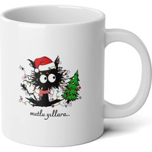 Ivart Yılbaşı Ağacı Kedi Tasarım Baskılı Premium Beyaz Porselen Kupa Bardak -Yılbaşı Hediyesi