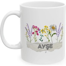 Ivart Kişiye Özel Kır Çiçek Temalı Ad Soyad Tasarım Baskılı Premium Beyaz Porselen Kupa Bardak-Hediye