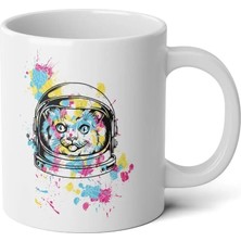 Ivart Renkli Astronot Kedi Baskılı Premium Beyaz Porselen Kupa Bardak