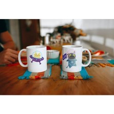 Ivart Uzaylı Kedi Çift Taraflı Baskılı Premium Beyaz Porselen Kişiye Özel Kupa Bardak-Yılbaşı Hediyesi