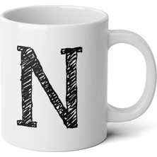 Ivart Kişiye Özel Karakalem N Harfli Baskılı Tasarım Premium Beyaz Porselen Kupa Bardak