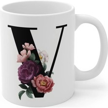 Ivart Kişiye Özel V Harfli Baskılı Tasarım Premium Beyaz Porselen kupa bardak