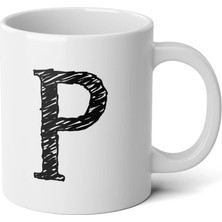 Ivart Kişiye Özel Karakalem P Harfli Baskılı Tasarım Premium Beyaz Porselen Kupa Bardak