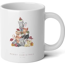 Ivart Yılbaşı Kedili Ağaç Tasarım Baskılı Premium Beyaz Porselen Kupa Bardak -Yılbaşı Hediyesi