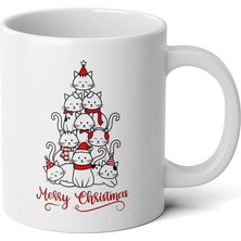 Ivart Yılbaşı Ağacı Kediler Tasarım Baskılı Premium Beyaz Porselen Kupa Bardak -Yılbaşı Hediyesi