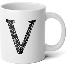 Ivart Kişiye Özel Karakalem V Harfli Baskılı Tasarım Premium Beyaz Porselen Kupa Bardak