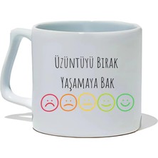 Ivart Ters-Düz Duygu Salatası Serisi-Üzüntü-Yaşamaya Bak Tasarım Baskılı Beyaz Porselen Kupa Bardak-Yüz