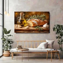 Artprinta Zeytinyağı, Ekmek ve Sarımsak Temalı Kanvas Tablo – Rustik Mutfak Duvar Dekoru