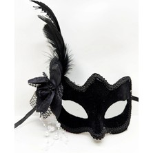 Tahtakale Siyah Süet Yandan Tüylü Incili Parti Maskesi