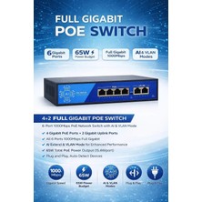 3DCool 3D-PSF04-FG 6 Port Kamera Poe Switch 4xpoe 2xuplink Full Gigabit 65W 250MT