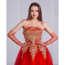 Tahtakale Uzun Boy Kırmızı Puantiyeli Kırmızı Renk Yetişkin Tül Eldiven