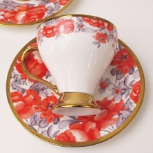 Nacario 6 Kişilik Ayaklı Porselen Türk Kahvesi Fincan Takımı - Sarı ve Kırmızı Gül Desenli, Detaylı 12 Parça Sunum Seti