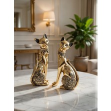 Vadi 21 cm 2'li Altın Reng Kedi Biblo - Lüks Görünümlü Dekoratif Heykel, Ev & Ofis Için Şık Obje