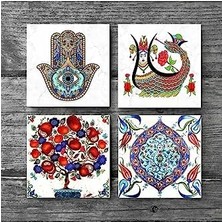 Nacario Şahmeran, Çini Sanatı, Nar Ağacı, Fatma Ana Eli  Taş Bardak Altlığı Seti - 4 Parça - Dekoratif, Rustik Mutfak Aksesuarı, 10X10 Cm, Kaydırmaz Tabanlı, Şık ve Dayanıklı SC186