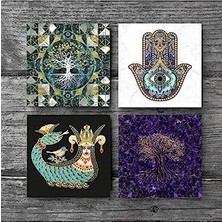 Nacario Hayat Ağacı, Şahmeran, Fatma Ana Eli  Taş Bardak Altlığı Seti - 4 Parça - Dekoratif, Rustik Mutfak Aksesuarı, 10X10 Cm, Kaydırmaz Tabanlı, Şık ve Dayanıklı SC482
