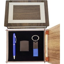 Tahtakale Özel Ahşap Kutulu Lacivert Kalem Anahtarlık ve Çakmak Set