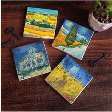 Nacario Hasat Manzarası, Yıldızlı Yol, Buğday Tarlası ve Kargalar, Kilise Taş Bardak Altlığı Seti - 4 Parça - Dekoratif, Rustik Mutfak Aksesuarı, 10X10 Cm, Kaydırmaz Tabanlı SC225