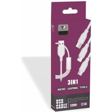 Nacario Yetty 3 In 1 2.1A Micro Lightning ile Uyumlu Type-C 1.2m Şarj Kablosu Beyaz Ykb-10