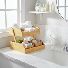 Nacario Doğal Bambu Iki Katlı Dekoratif Mutfak ve Banyo Organizeri | Çok Amaçlı Düzenleyici Raf | Meyvelik, Sebzelik, Baharatlık, Banyo Rafı | 26X32X23 cm