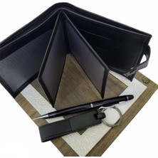 Tahtakale Ahşap Deri Kutulu Siyah Renk 3'lü Hediye Seti - Kalem, Cüzdan, Anahtar