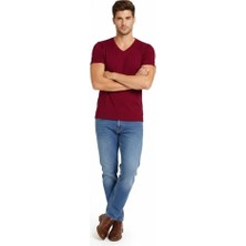Erkek T-Shirt V Yaka Slim Fit Dar Kesim Likralı Tişört Günlük Basic Body - Bordo