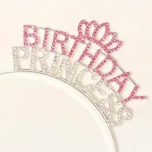 Tahtakale Kristal Taşlı Birthday Princess Yazılı Parti Tacı Pembe Renk